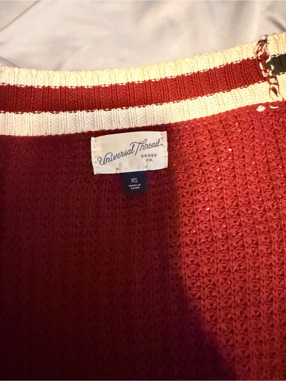 Universal Thread Burgundy Waffle-Knit Crewneck Sweater with Cream Stripe